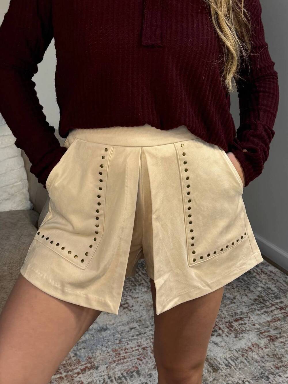 NEW &MERCI lynn studded high waist suede skort in egg shell